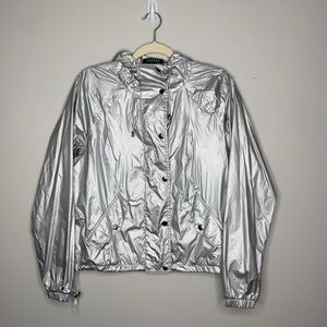 Ralph Lauren Women Small Silver Foil Metallic Hooded Windbreaker/Raincoat